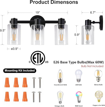 3 Light Bathroom Wall Light Fixtures Black Bathroom Wall Sconce with Clear Glass Lights Over Mirror Vanity Lights E26 Base