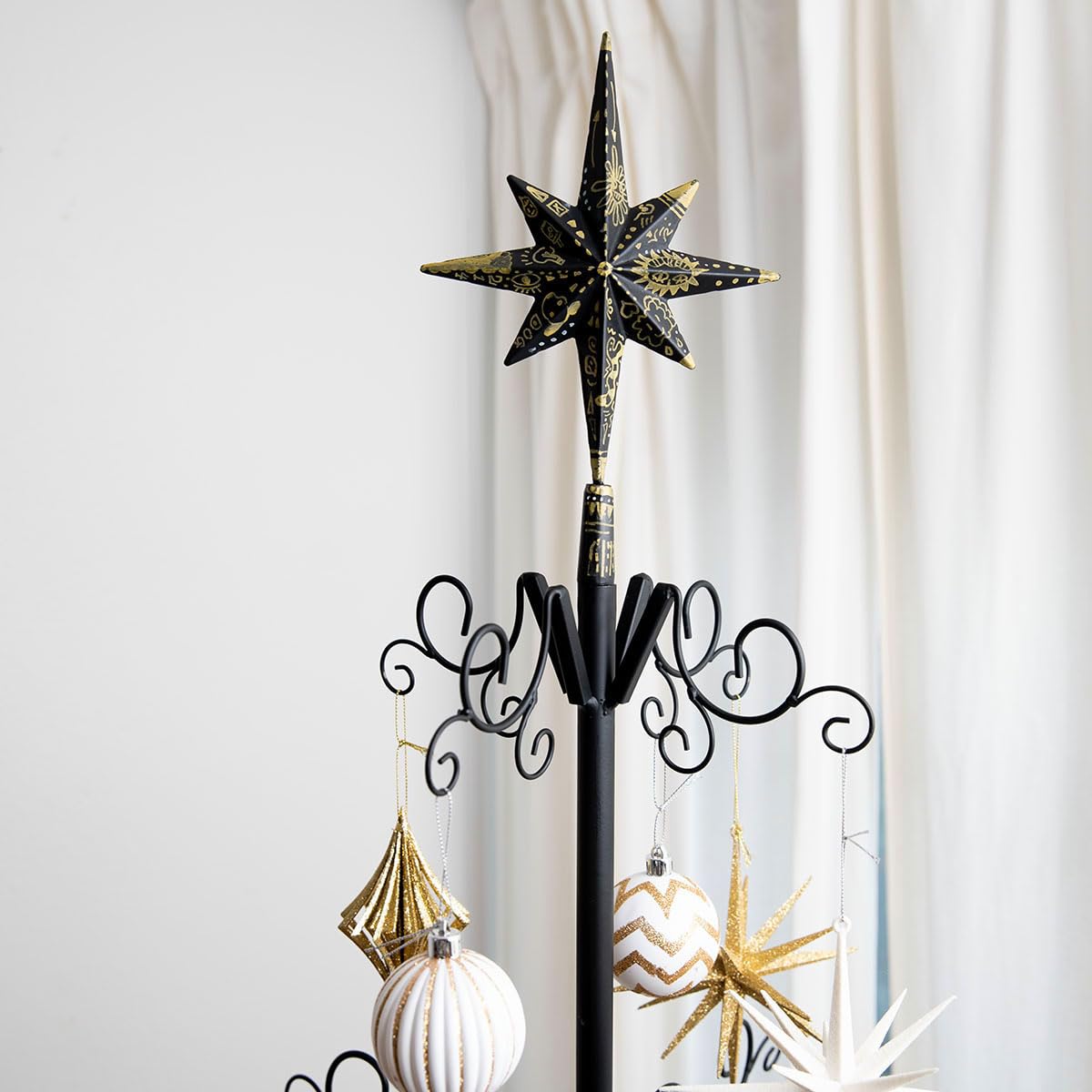 Barton 6.4ft Christmas Metal Ornament Tree Stand - Features Hooks for Ornaments Small Craft Items Wrought Iron Ornament Display Easy Assembly, Black