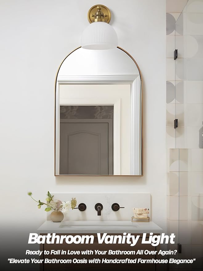 Gold Wall Sconces Vintage Bathroom Vanity Light Fixtures Modern Frosted Milk Glass Sconces Brass Sconce Wall Lighting for Living Room Bedroom Bathroom Mirror Hallway Stairway E26 Hardwire