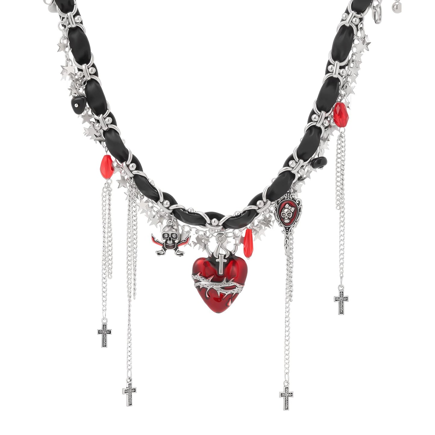 Thalireth Goth Vampire Heart Necklace Spooky Gothic Skeleton Cross Y2k Star Tassel Leather Choker Chunky Statement Necklace for Women Halloween