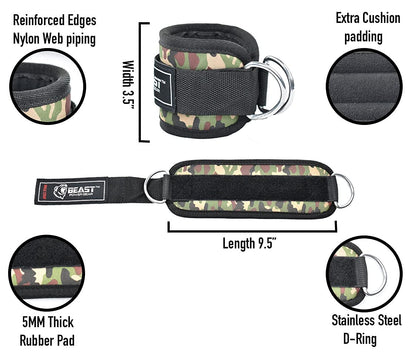 Beastpowergear Padded Ankle Strap for Cable Machine, Kickbacks, Glutes, Abs and Hip Workouts, Leg Extensions Adjustable Ankle Strap for Men Women (Camo, Pair)