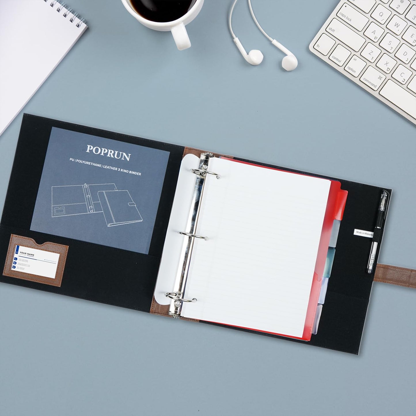POPRUN PU Leather 2 Inch 3 Ring Binder, Professional Business Organizer- Includes PP Dividers, 100GSM / Grade AA Filler Papers, Card &Sticker for Tab- Ideal for Office Presentation Meetings, Brown