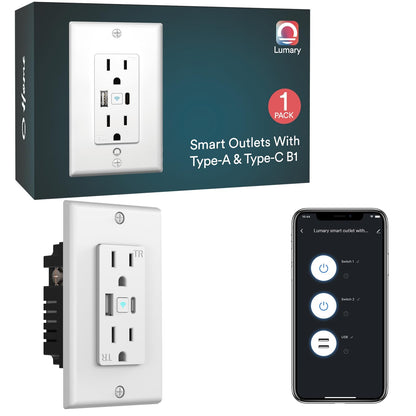 Lumary Smart USB Outlet with Type-C & USB-A Ports, WiFi in-Wall Outlet Compatible with Alexa & Google Home, Remote & Voice Control, Timer, FCC Certified, Tamper-Resistant, 4 Pack