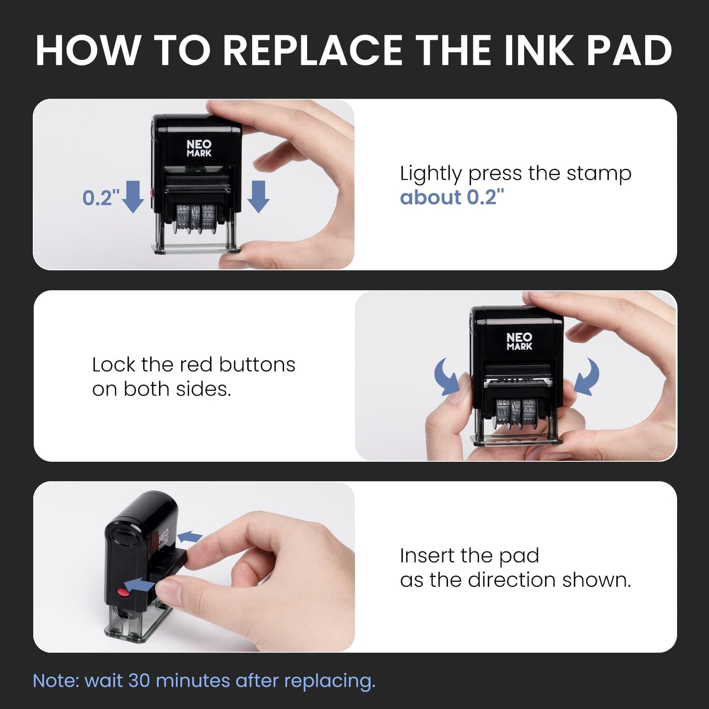 NEO MARK Self-Inking Date Office Stamp with Received Blue Ink & Date Red Ink, 12-Year Adjustable Rubber Dater, Ideal for Documents, Business & Accounting - with an Extra Refill Ink Pad
