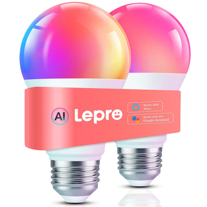 Lepro B1 AI Smart Light Bulbs - WiFi & Bluetooth RGBWW Color Changing LED Bulb Compatible with Alexa & Google Assistant, AI Generated Lighting LLM, AI Voice Control, Music Sync, 2.4GHz Only, 2 Pack