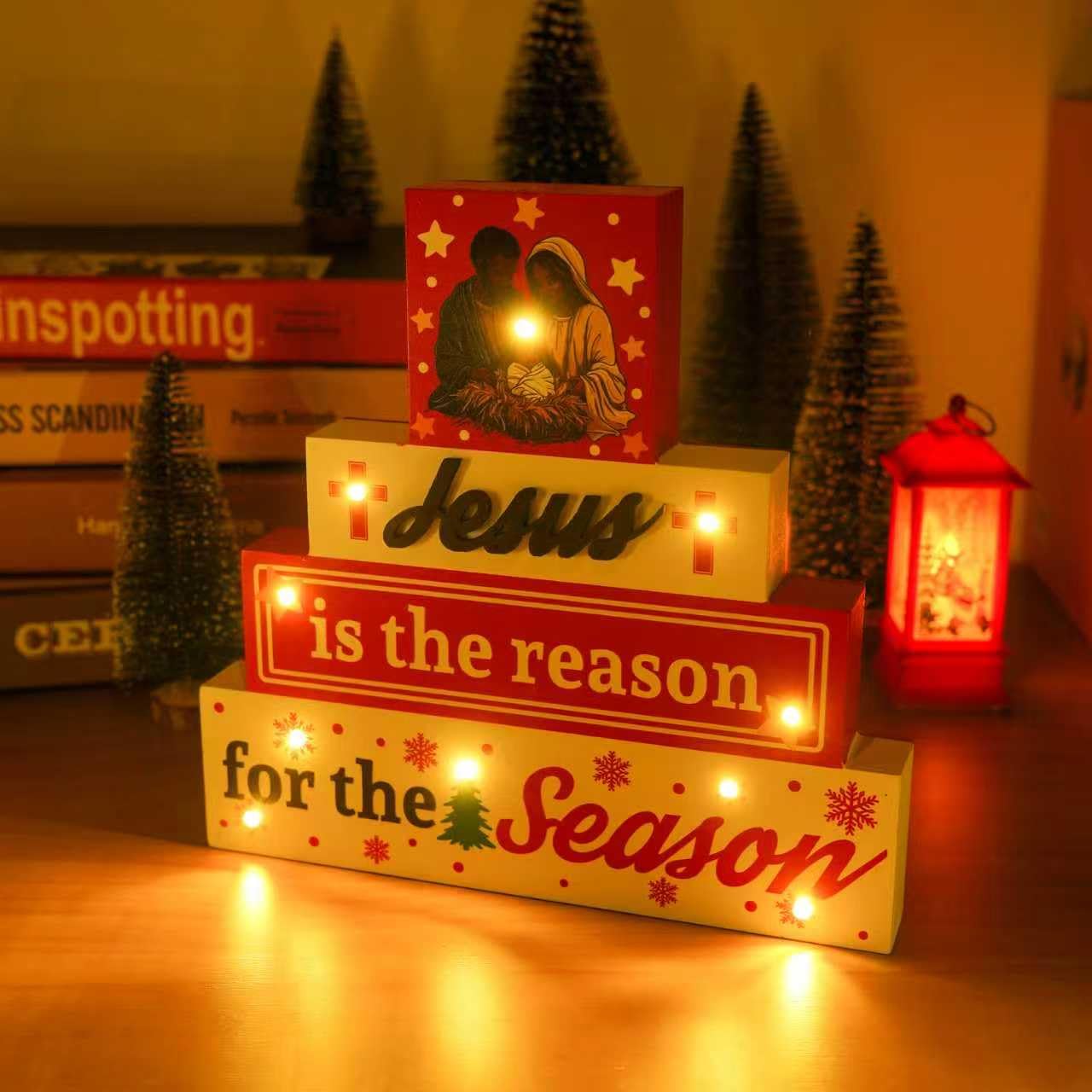 Black Santa - Led African American Christmas Decorations Jesus Is The Reason For The Season Nativity Scene Christian Wooden Sign for Table Religious Home Office Decor 9 × 9 Inch