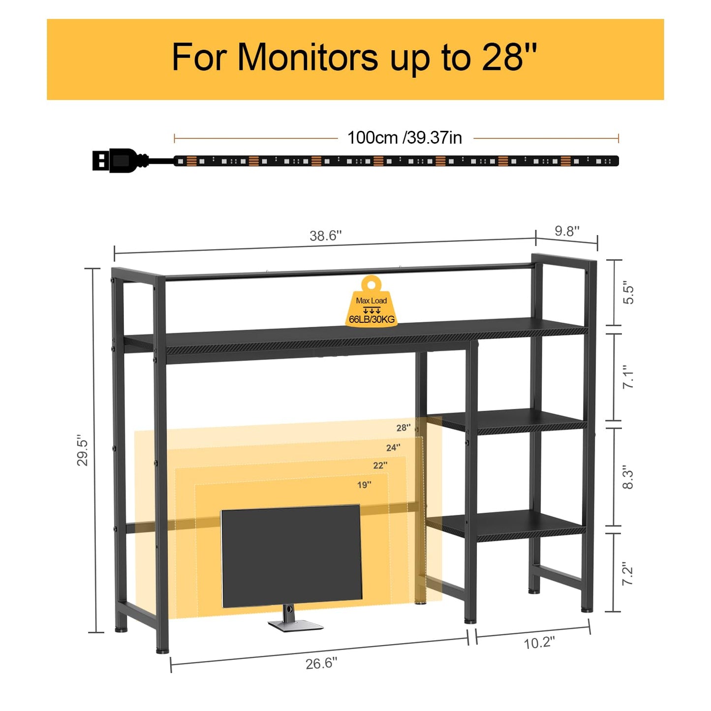 Snughome Desk Shelf with LED Strip, 38.6" Desktop Organizer Shelf, Desk Hutch for Computer Monitor, 4 Tier Desk Display Rack, Wood Desktop Bookshelf Storage Rack for Home Office Dorm