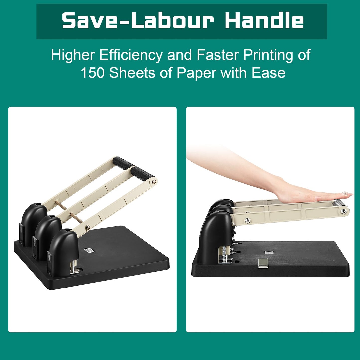Harloon 3 Hole Puncher for Binder Metal 150 Sheet Capacity 13 x 12.2 x 6.2 Inch Black Silver Paper Punch Large Heavy Duty Puncher Lever Handle for Office Essentials Accessories Print Shops Home