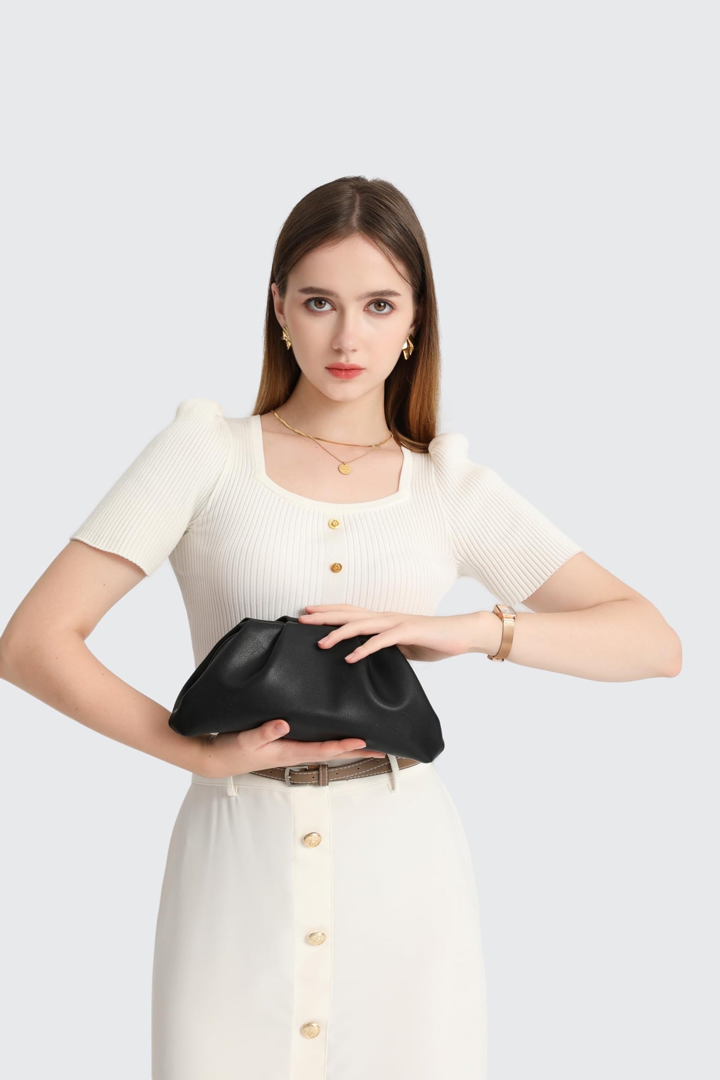 YUWITA Soft PU Leather Clutch Purses for Women Formal Elegant Luxurious Evening Bag (Black)