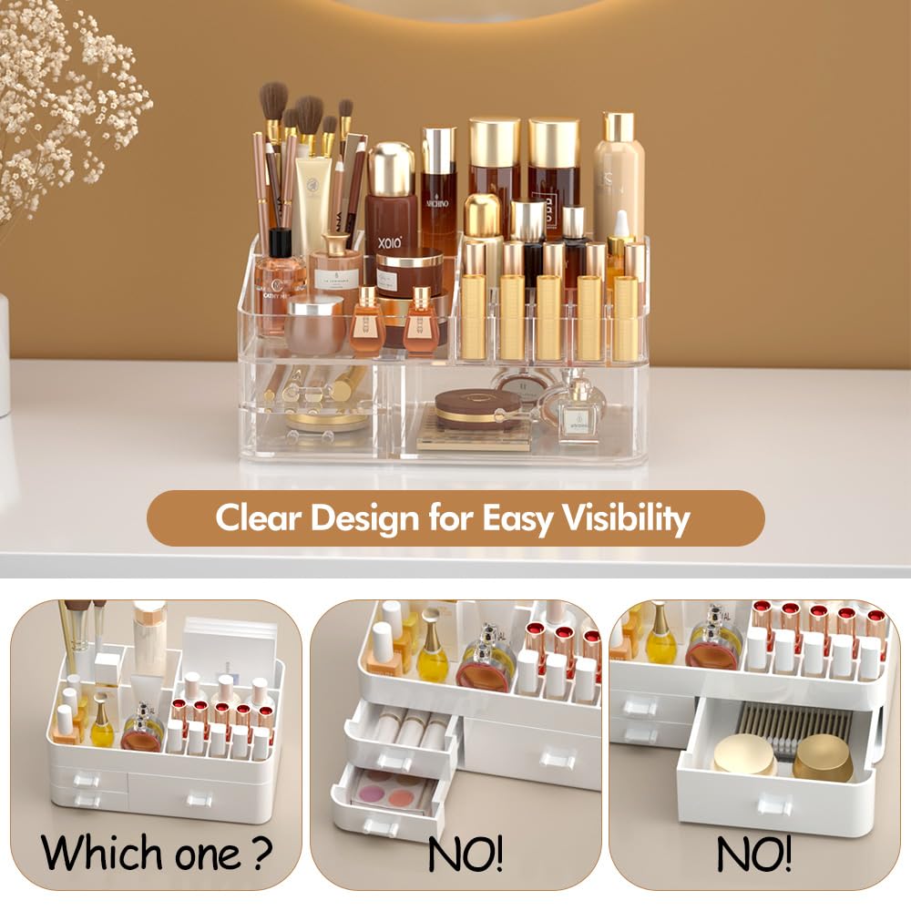 DALEMKY Makeup Organizer for Vanity, Acrylic Large Desk Organizer with Drawers, Ideal Vanity Holder for Cosmetics, Lipsticks, Nail Polish, Skincare, Countertop, Bathroom, Dresser