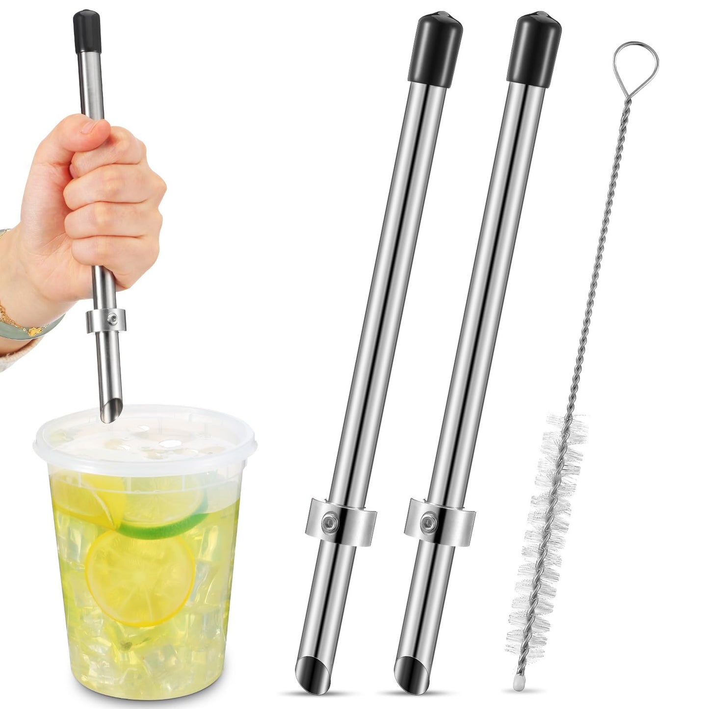 Lasnten 2 Pack Straw Puncher for Plastic Lids Lemonade Cups, Stainless Steel Straw Hole Puncher Punching Tools for Cafe Drinks Deli Container Squeezed Fresh Lemonade Stand Supplies(8.7 Inch,Black)