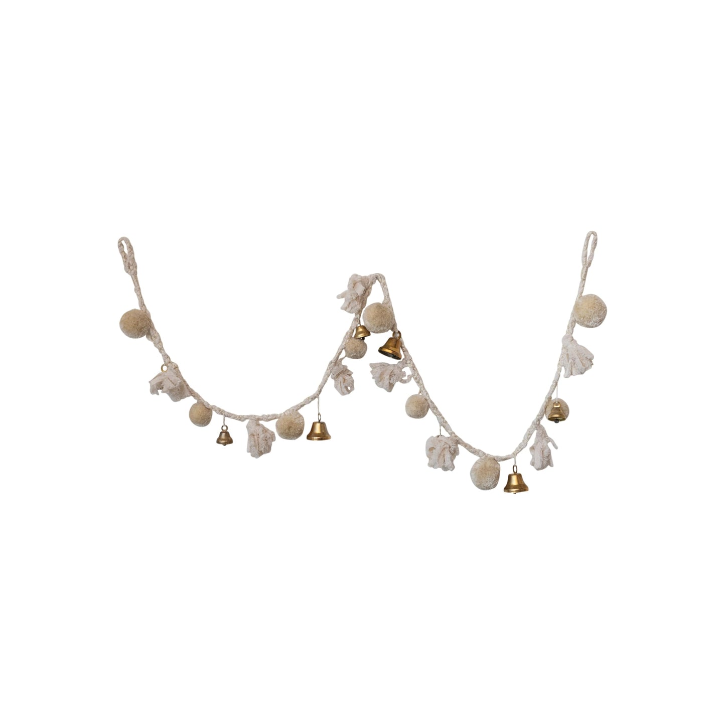 Creative Co-Op Handmade Wool and Cotton Blend Pom Pom and Bell Garland, Natural and Brass Finish