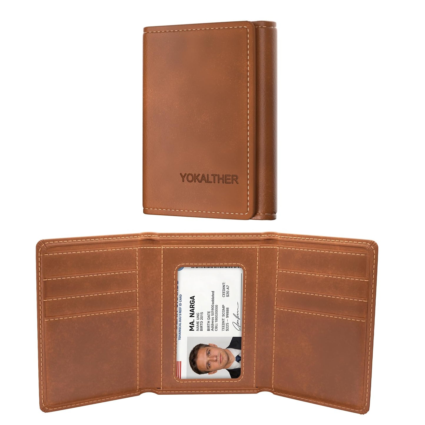 YOKALTHER Trifold wallets for Men, RFID Blocking Trifold Wallets, Mens Genuine Leather Trifold Wallets, 8 Card Slots and ID Window, Slim Durable and Easy to Carry