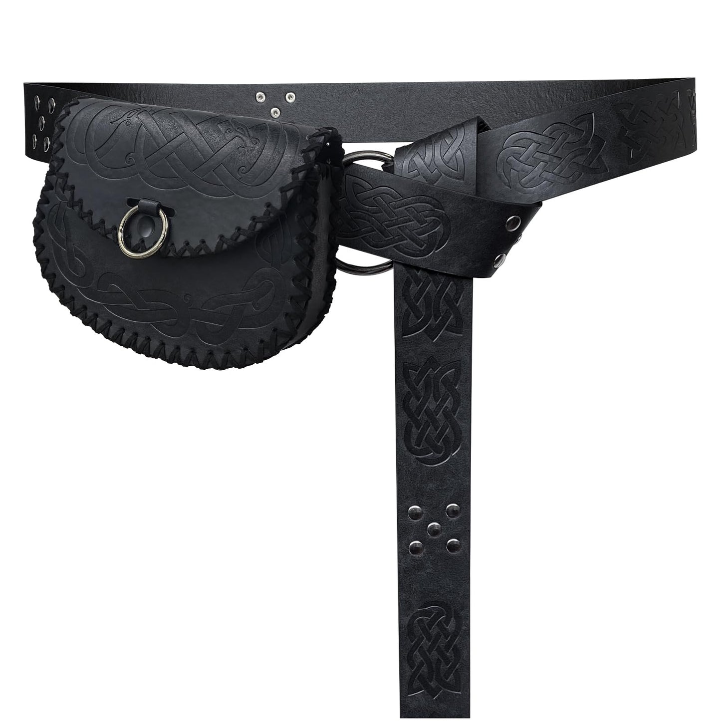 HiiFeuer Medieval Embossed O Ring Belt and Viking Embossed Belt Bag Set for LARP (Black)