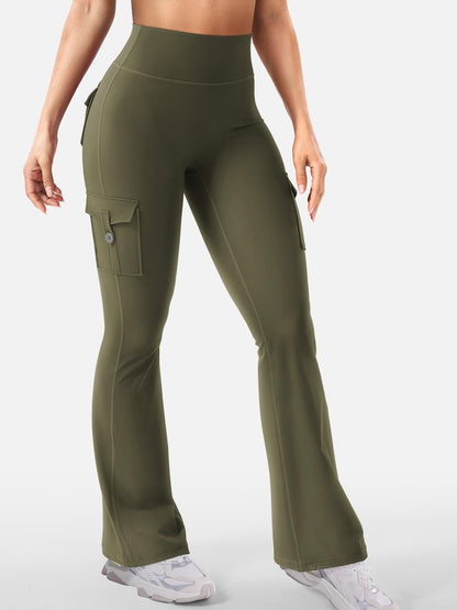 YEOREO CoreFlex Women Workout Flare Leggings with Pockets Hidden Scrunch High Waisted Cargo Gym Yoga No Front Seam Leggings Army Green S