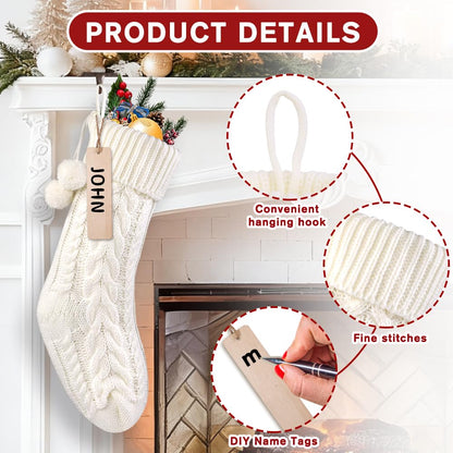 Teeanzo 4Pack 18 Inches Christmas Knitted Hanging Stockings,Xmas White Large Farmhouse Rustic Neutral Cable Knit Personal Stockings Decorations for Christmas Tree Fireplace Family Holiday Party Decor