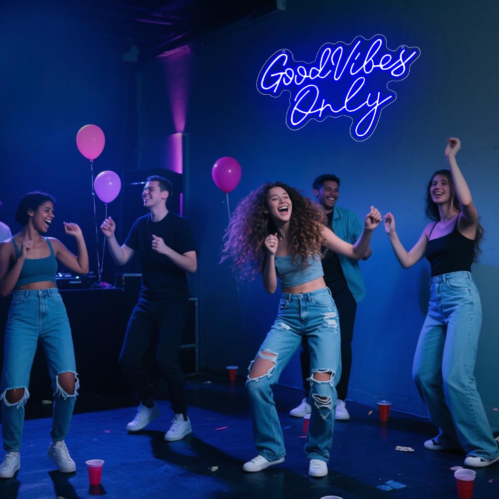Good Vibes Only Neon Signs,Adjustable Brightness Blue Good Vibes Only LED Signs for Wall Decor, Cool Neon Lights Letters Light up Signs for Bedroom,Bar,Party, Salon Birthday,Christmas Gifts