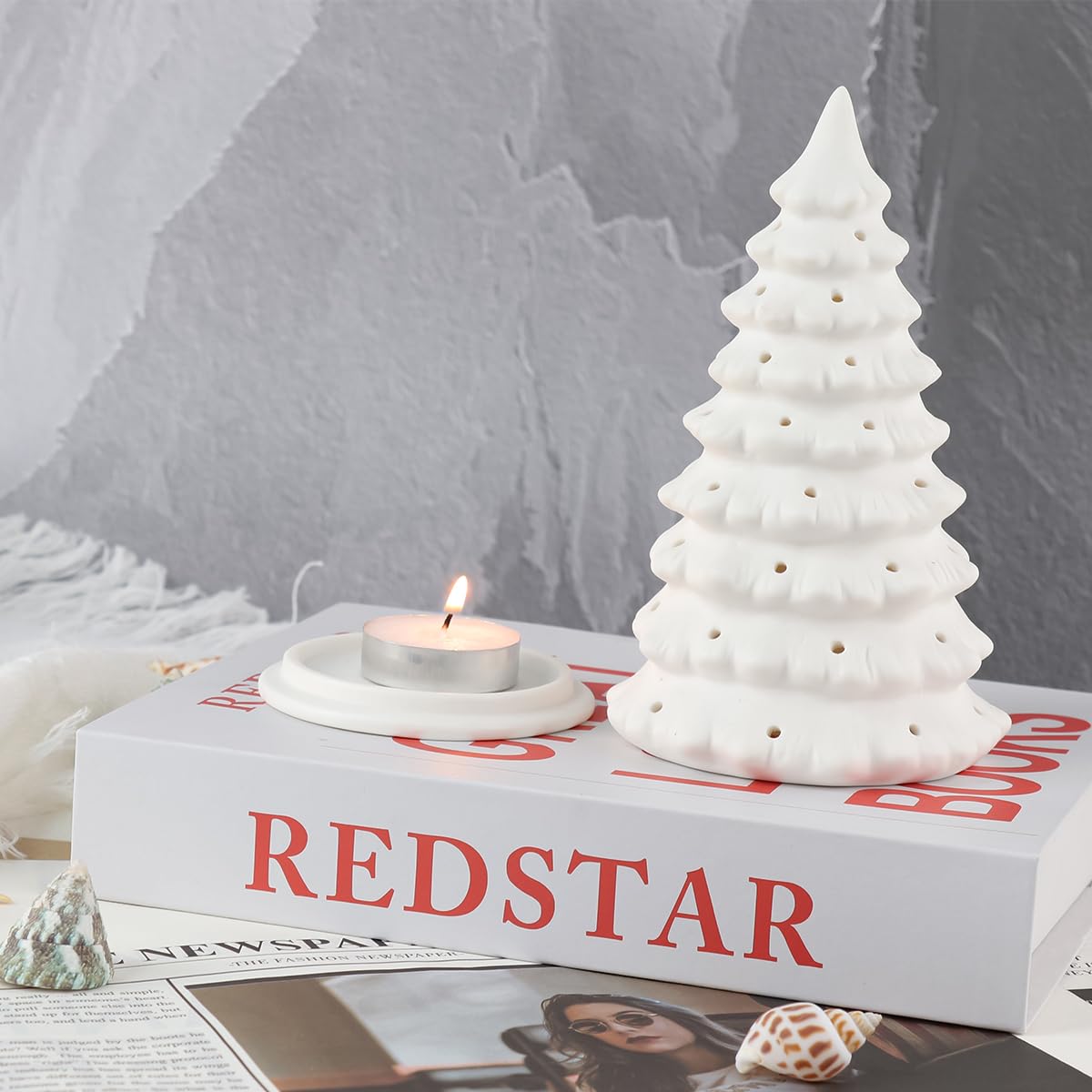 Ceramic Christmas Tree Set Tealight Ceramic Holder Height: 6.3inch Matte White Translucent Tiered Silhouette Sculptural Accents
