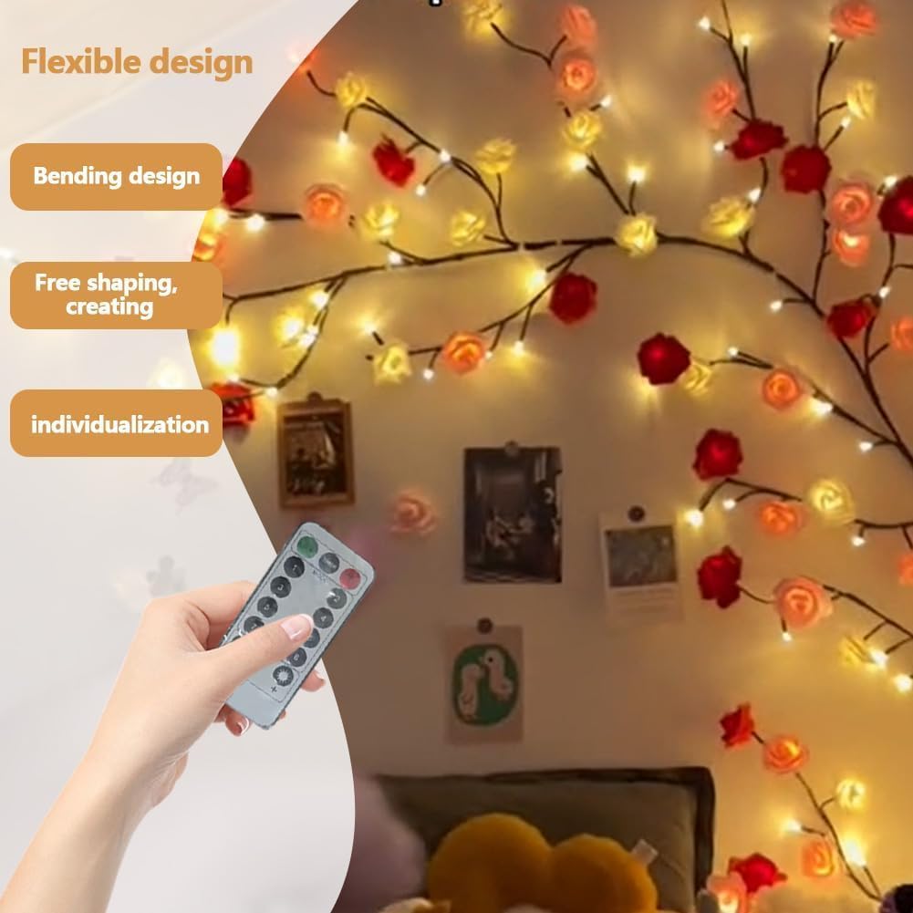 BomKra Rose LED Tree Branch Lights for Wall,Rose Blossom Willow Vine Branch Room Decor Gift,Flexible DIY Design,with 48 LED Lights and Remote,8 Lighting Modes,for Bedroom and Wall Decor (47inch)