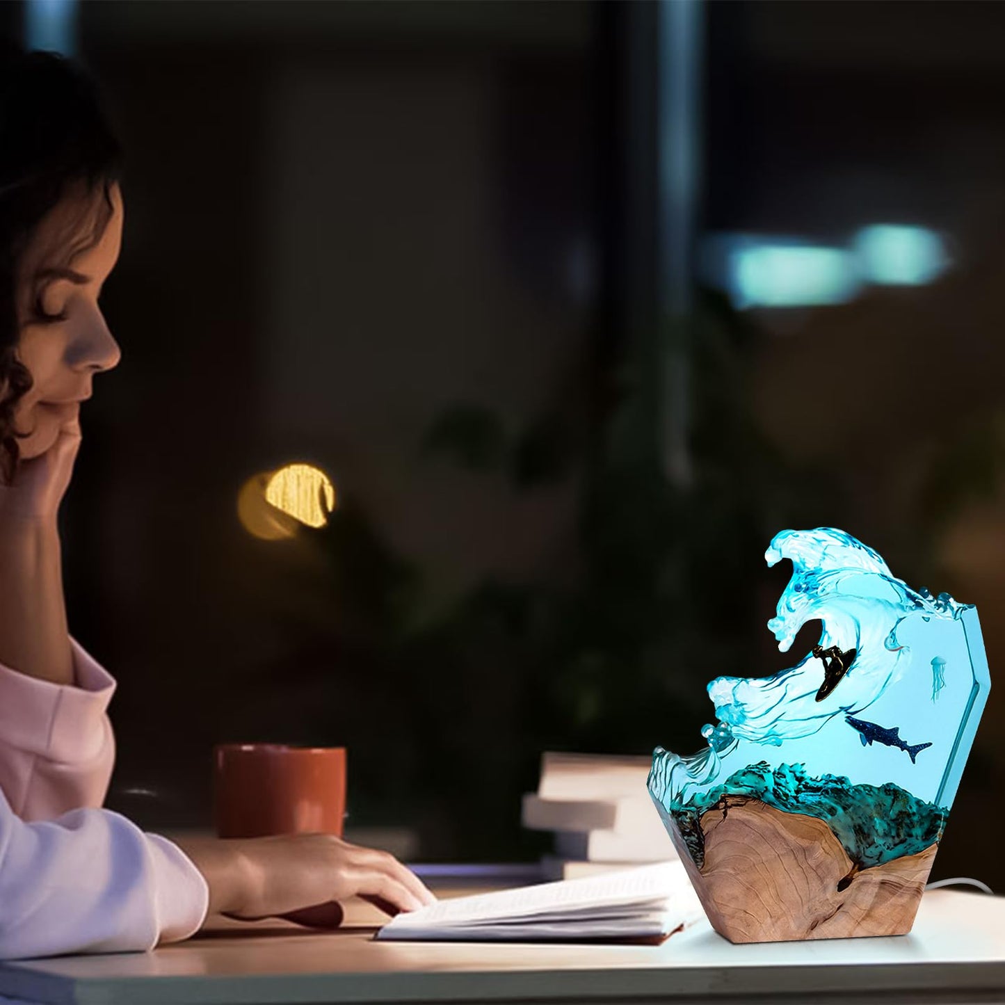 dcvbny Resin LED Ocean Surfing Night Lights,Handmade Wooden Epoxy Resin Bedside Table Lamp,3D Art Ornaments Office Bedroom Room Party Decor for Surfer Men Women Boys Girls (10-inch Surfing)