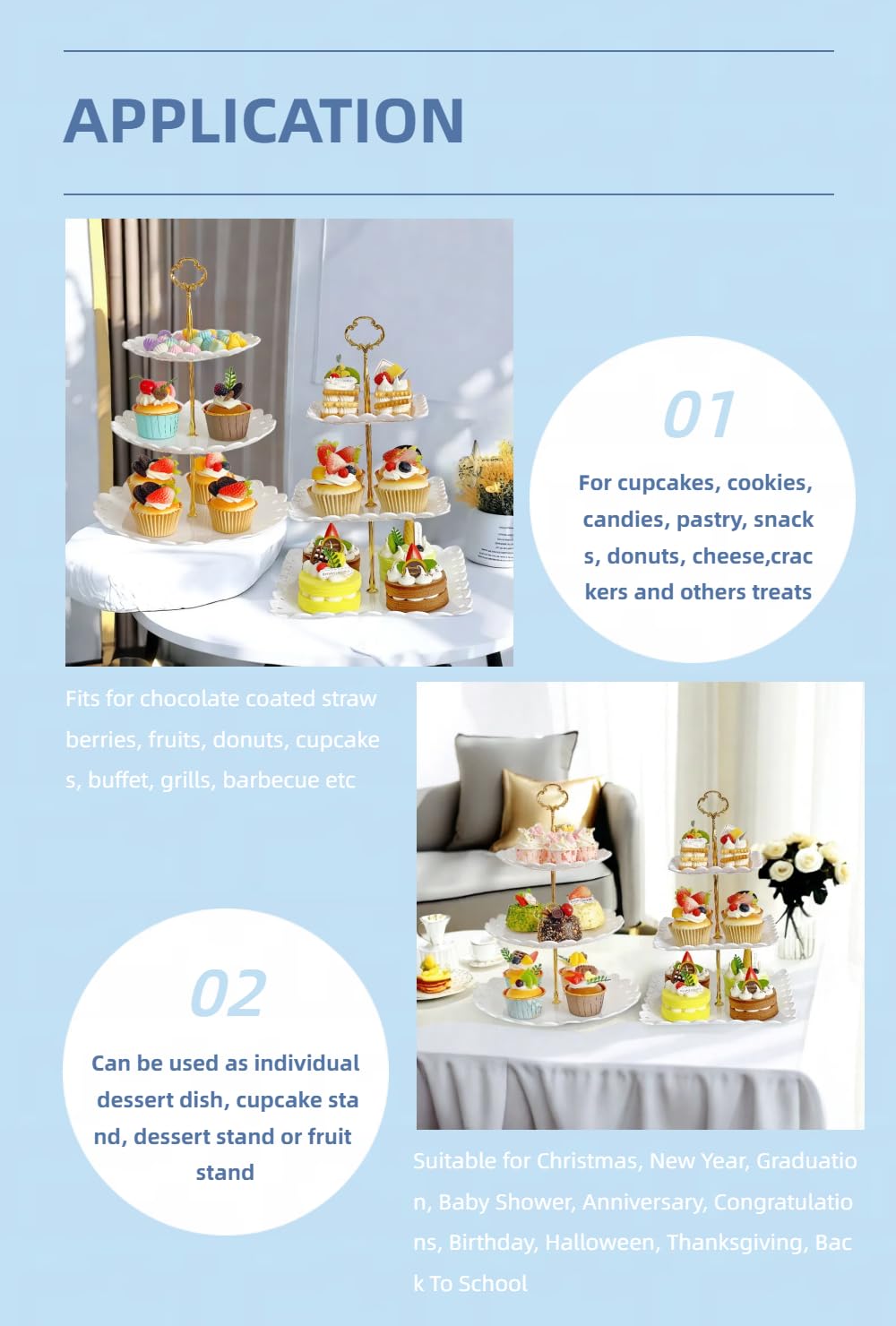 RAUVOLFIA 2 Pack of Plastic Round & Square Dessert Cupcake Stand, 3 Tier Cup Cake Holder Tower for Tea Party/Birthday/Wedding, Plastic Tiered Serving Tray (White)