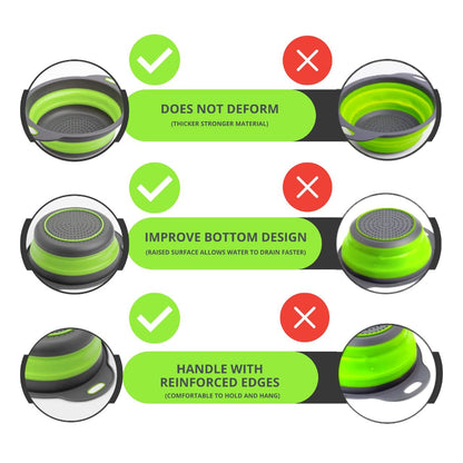 Small Collapsible Colander with Plastic Handles Round Silicone Kitchen Strainers Foldable Kitchen Strainer Perfect for Draining Pasta Vegetable and Fruit Green