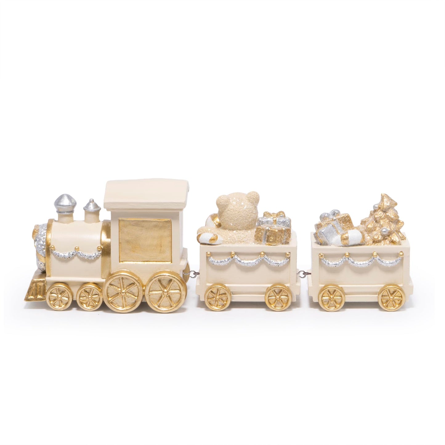 Hodao White Gold Christmas Train Decorations – Elegant Hand-Painted Resin Santa Claus and Teddy Bear Train, Luxury Ornament for Tabletop, Mantel, Home Christmas Decor Display