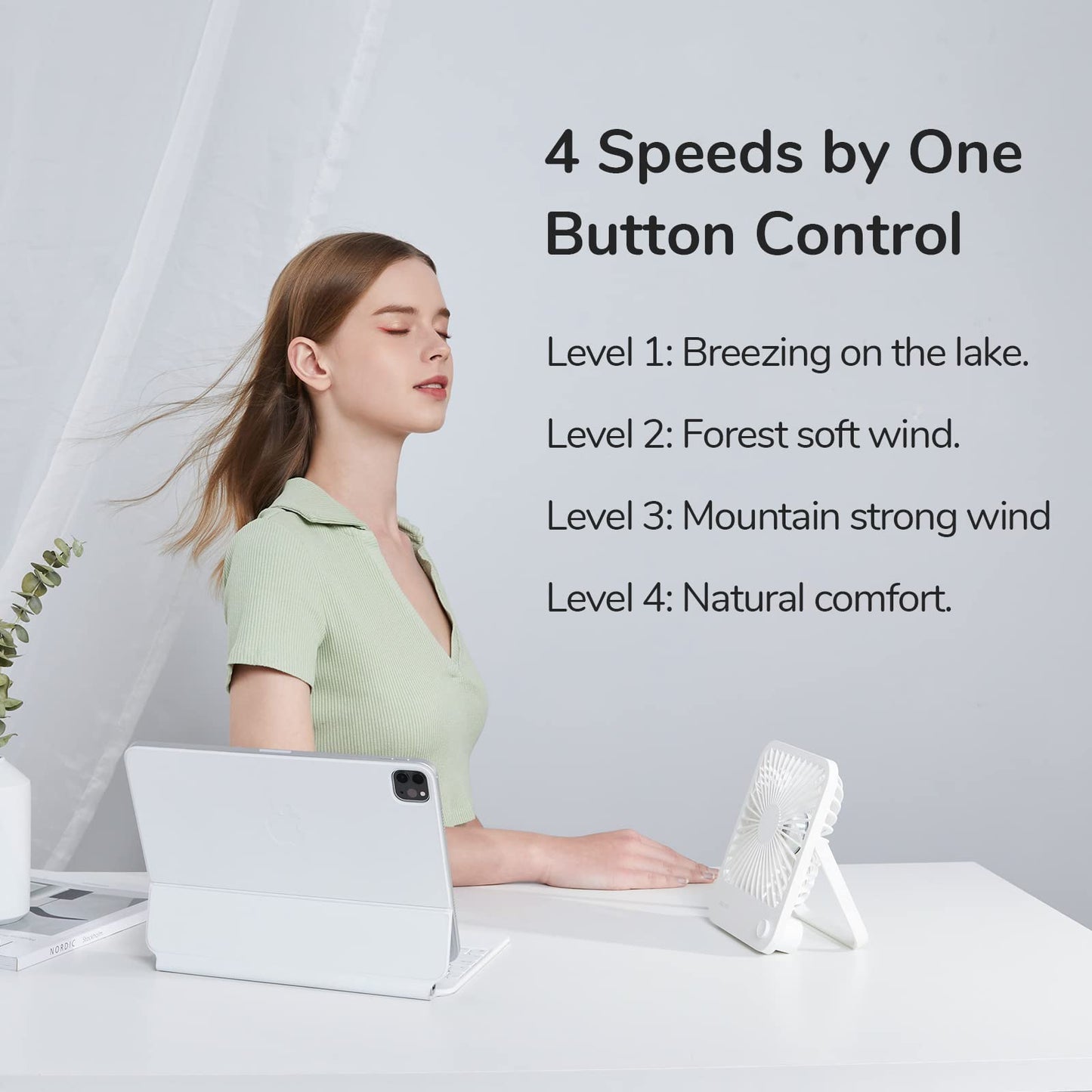 JISULIFE Desk Fan Battery Rechargeable, 4500mAh 180°Foldable Portable Personal Fan, 4 Speeds Adjustable Long Battery-life for Home Office Travel Outdoor Gifts for Women Men-White