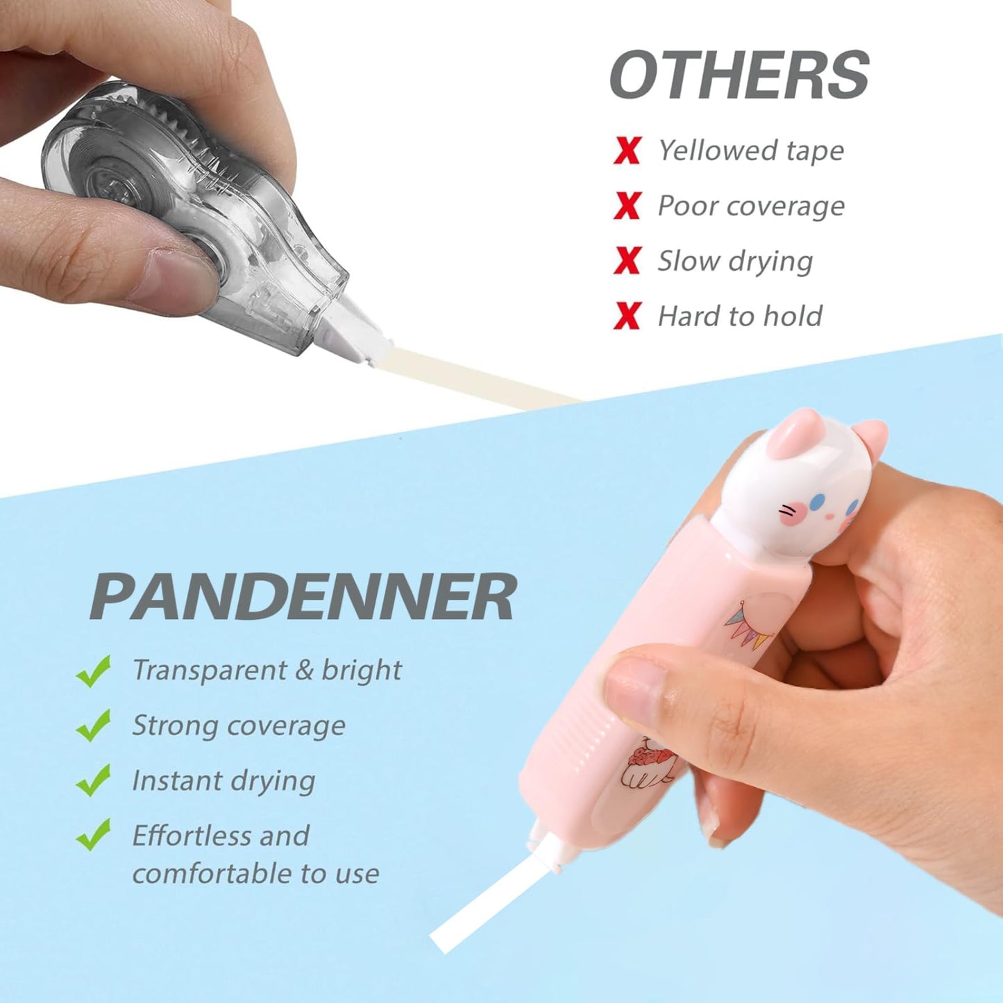 PANDENNER Correction Tape, Mini Retractable Correction Tape Pen, with Aesthetic Cute Cat Applicator,for Back To School Office Supplies.