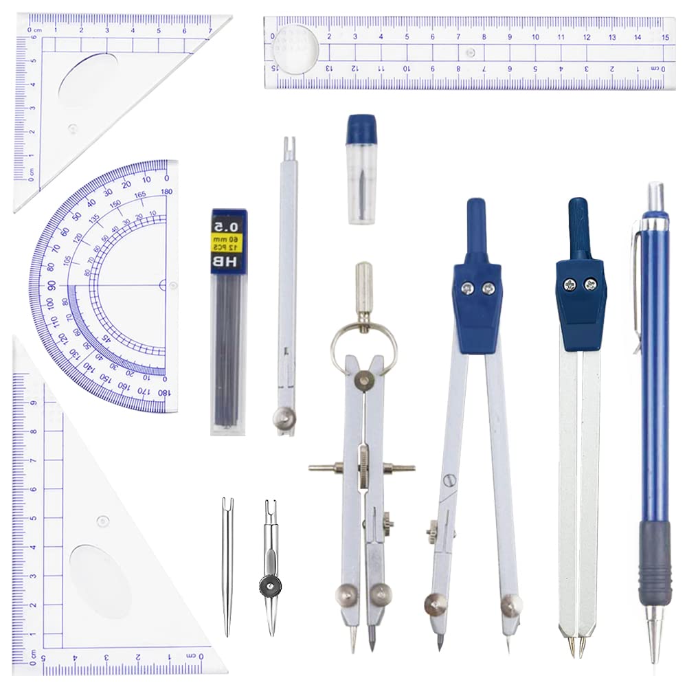 13 Pieces Geometry Set Compass Geometry Tools Math Compass and Protractors Set Metal Drawing Compass Precision Set Graphic Compasses Triangle Rulers Pencils Protractor with Storage Case