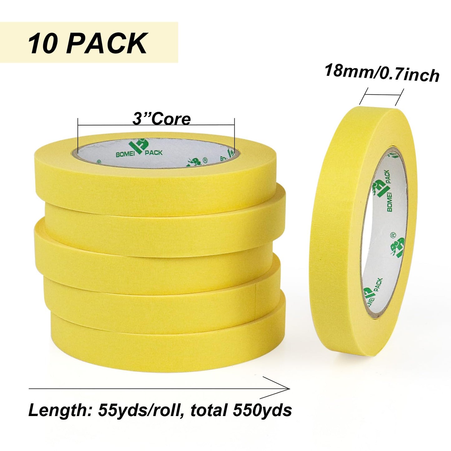 BOMEI PACK 10Rolls Yellow Painters Tape, General Purpose Yellow Masking Tape 0.75inch x 55yds, for Painting,Labeling,DIY Crafting,Decoration and School Projects, Total 550yds