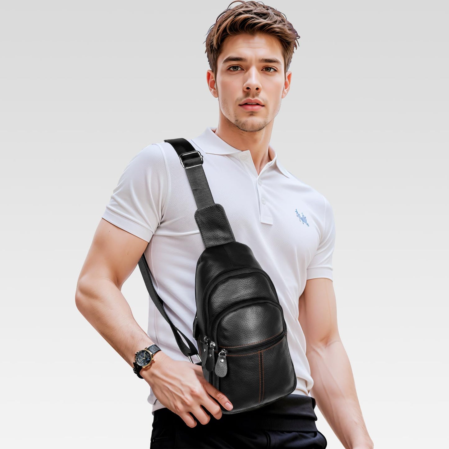 molshine Genuine Leather Sling Crossbody Bag,Fashion Chest,Casual Shoulder Bag for Men Women Work Travel Cycling HB024 (Black)