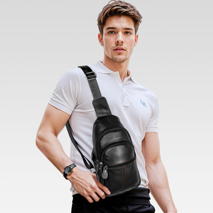 molshine Genuine Leather Sling Crossbody Bag,Fashion Chest,Casual Shoulder Bag for Men Women Work Travel Cycling HB024 (Black)