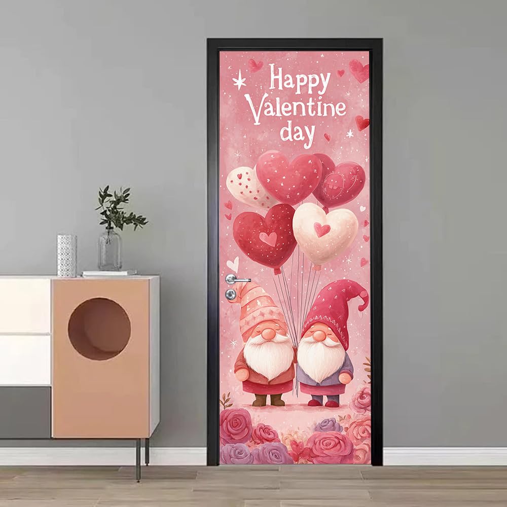 WDESYADMS PVC Self Adhesive Door Sticker 30.3x78.7 Inch Valentine Gnomes with Heart Balloons Design Peel and Stick Decorative Door Decal for Bedroom Living Room Entryway Holiday Home Decor