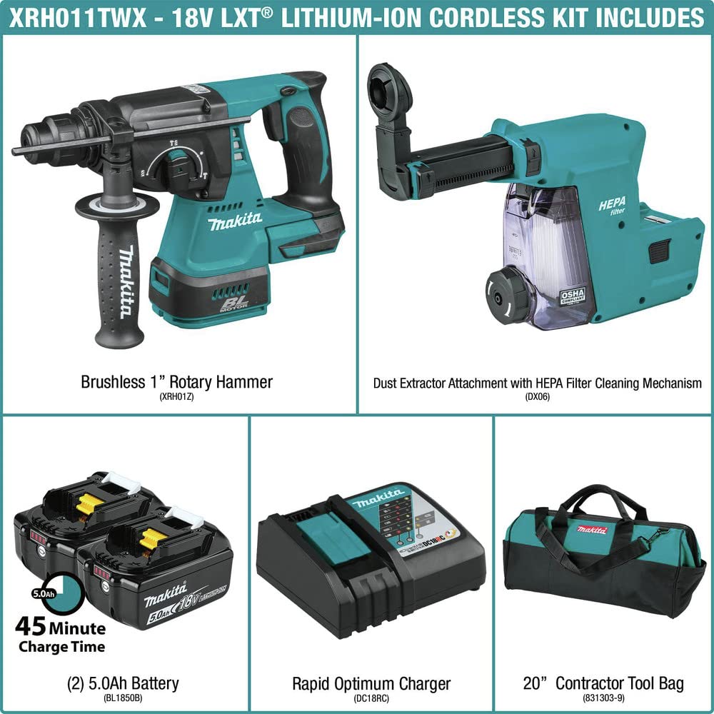 Makita XRH011TWX 18V LXT® Lithium-Ion Brushless Cordless 1" Rotary Hammer Kit, accepts SDS-PLUS bits, w/HEPA Dust Extractor Attachment (5.0Ah)