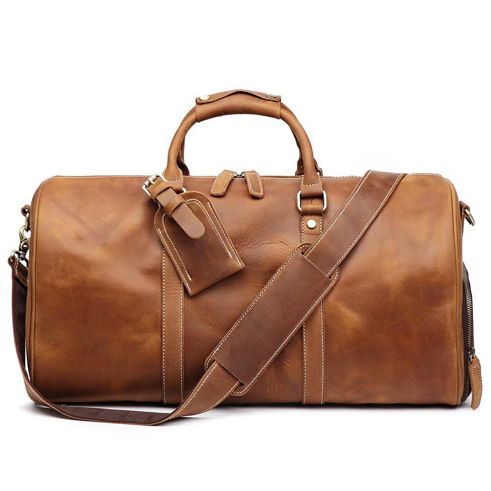 Leathfocus Leather Travel Luggage Bag with Ykk Zipper, Mens Duffle Retro Carry on Handbag (Brown)