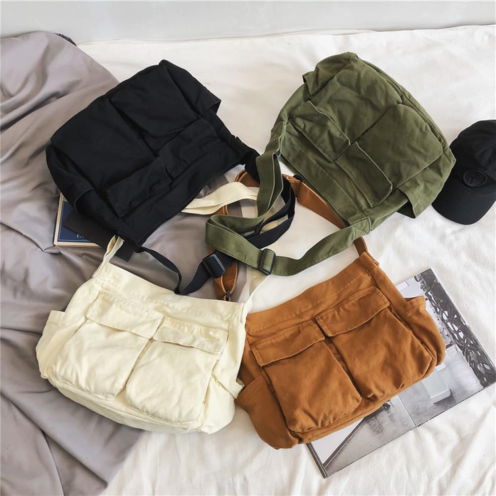 KlaOYer Canvas Messenger Bag Large Hobo Bag Crossbody Shoulder Bag Tote Bag with Pocket for Women and Men (Green)