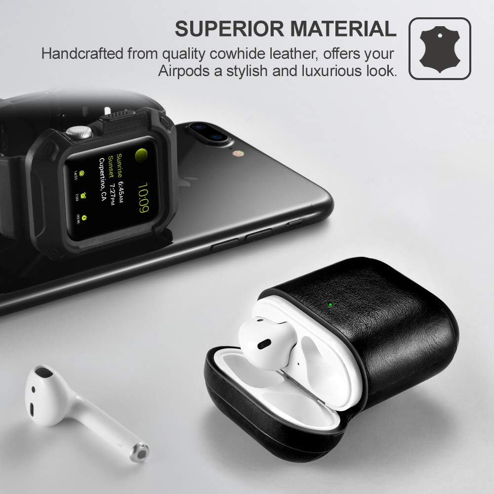 AirPods Leather Case, ICARER Genuine Leather AirPod case with Keychain and Led Light for Apple AirPods 2 Case & Airpods 1, Support Wireless Charging (Black)