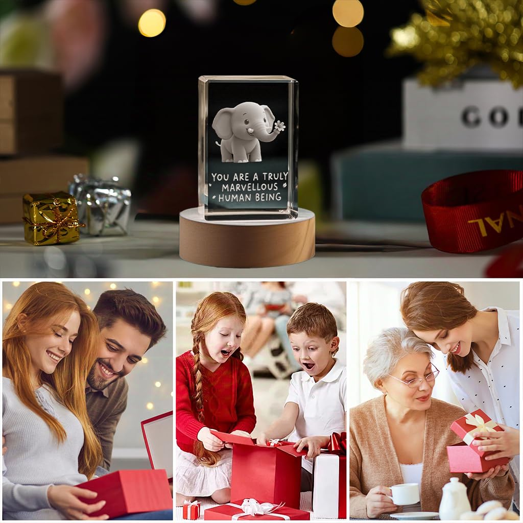 YouerCrystal Elephant Gifts for Women, Friendship Gifts for Women Best Friends Sisters, Birthday Gift, 3D Elephants Decor Crystal Figurine Night Light