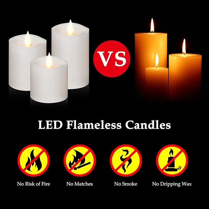 White Flameless Candles Set of 3 | 3 Diameter Realistic Flickering Pillars Candles (3/4/5 Heights) - Battery Operated with Remote Timer, Indoor/Outdoor Decor for Weddings, Fall & Cozy Home