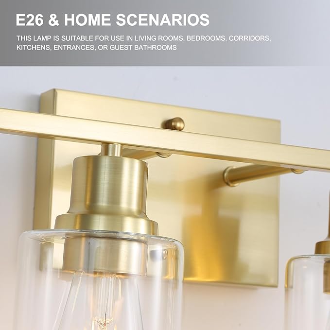 4-Lights Gold Bathroom Vanity Light Fixtures,Brushed Gold Wall Sconces with Clear Glass Shades, Farmhouse Modern Wall Lighting for Mirror,Living Room,Bedroom
