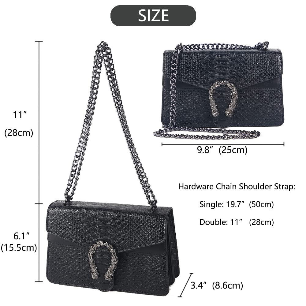 Leather Shoulder Bag Chain Purse for Women - Fashion Crossbody Bags Vintage Snake Print Underarm Bag Square Satchel Clutch Handbag（Black）