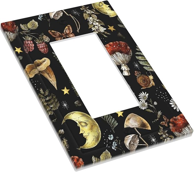 Nature Plant Botanical Daisy Mushroom Snails And Moon Single Rocker/Decora Light Switch Plate Decorative 1 Gang Outlet Cover Faceplate GFCI Electrical Receptacle Wallplate Dimmer for Home Decor