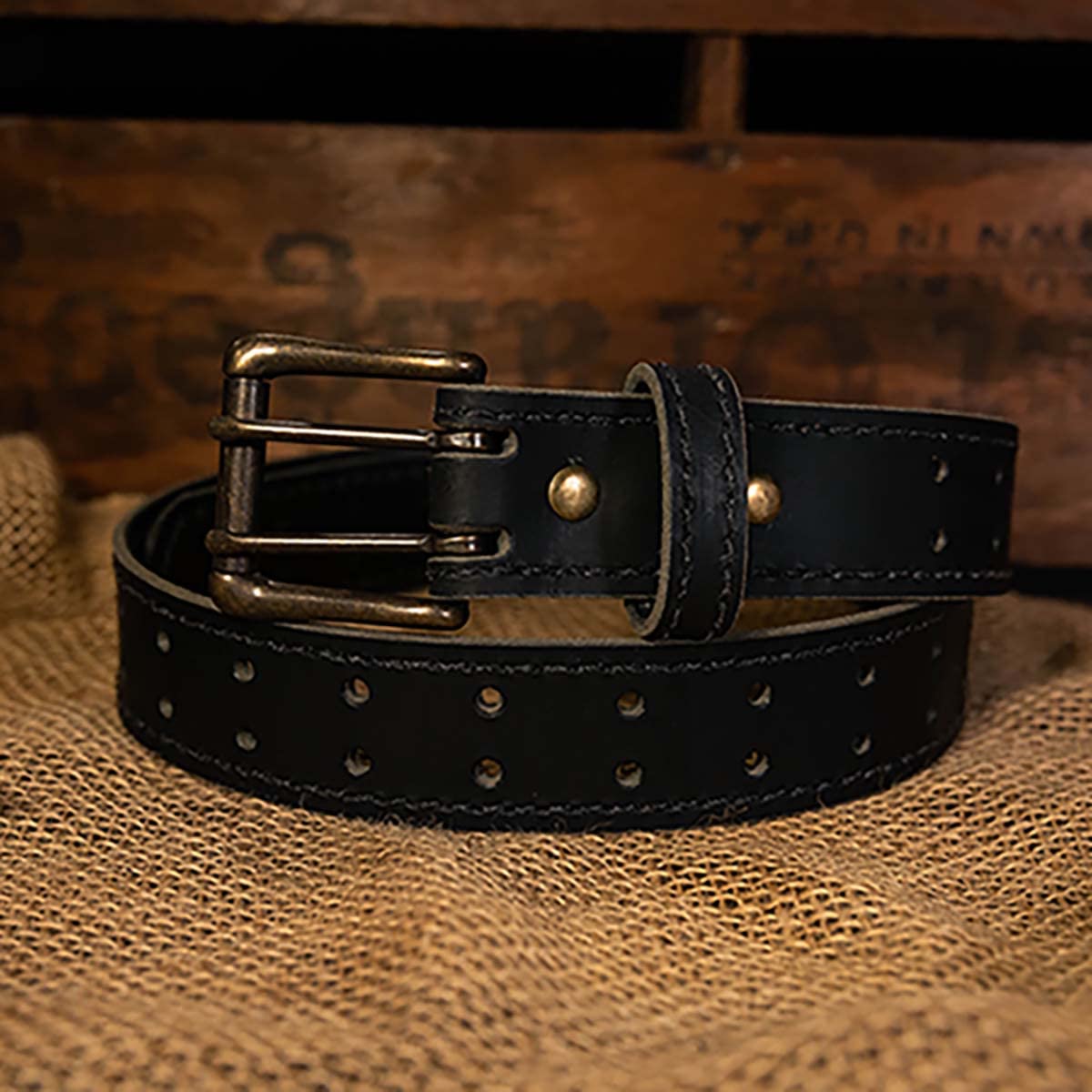 Men’s Classic Leather Belt, Double Prong Retro Style, Antique Brass Buckle, 1 ½” Width, Amish handmade in the USA (Black, 38")