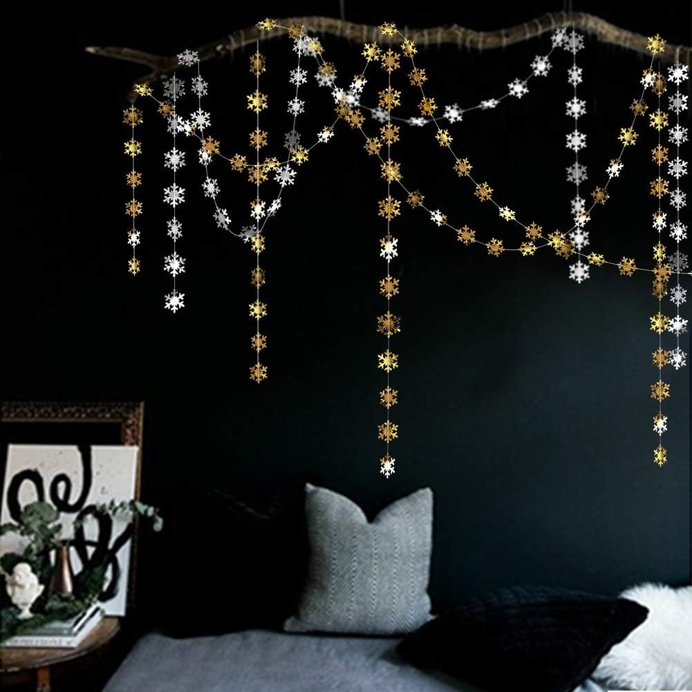 Cheerland Clearance Silver and Gold Snowflake Decorations Hanging Winter Birthday Party Garland Christmas Snowflakes Xmas Snow Flake Streamer Wall Backdrop Holiday Classroom Baby Showers Office Decor