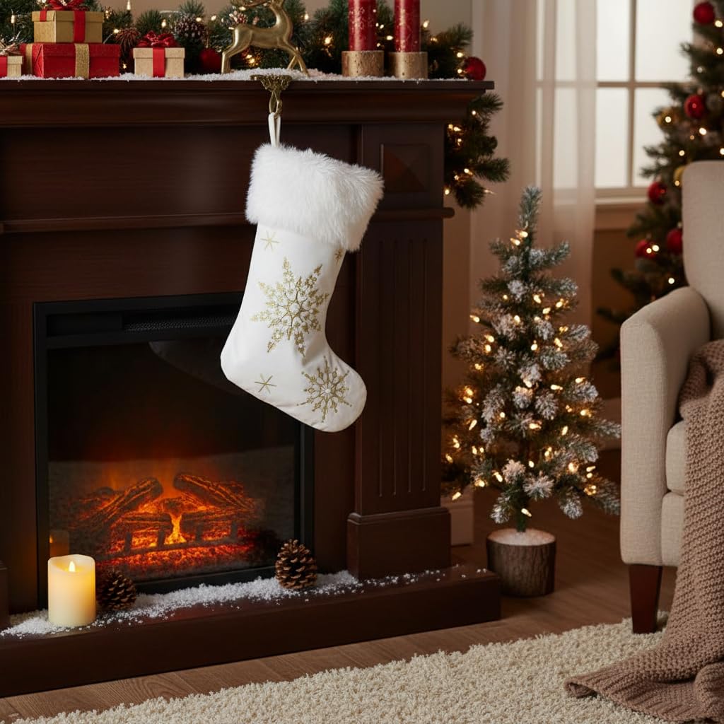 Comfy Hour 18" White Velvet Christmas Stocking, Gold Snowflake Embroidery with Faux Fur Trim, Elegant Holiday Mantel Hanging Decor, Traditional Winter Accent, Artisan Crafted Textile, 1 Unit