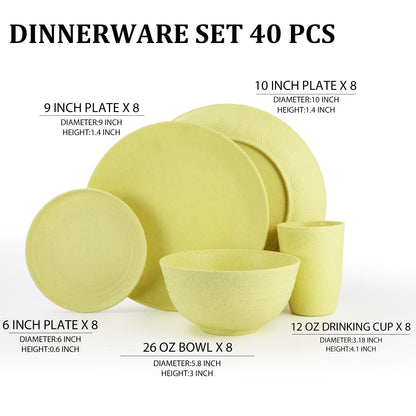 Wheat Straw Dinnerware Set 40-Piece Service for 8 Unbreakable Dishes Set Plates and Bowls Sets Drinking Glasses Microwave Safe Dish Set Lightweight Dinnerware Set for Home & Kitchen - Yellow