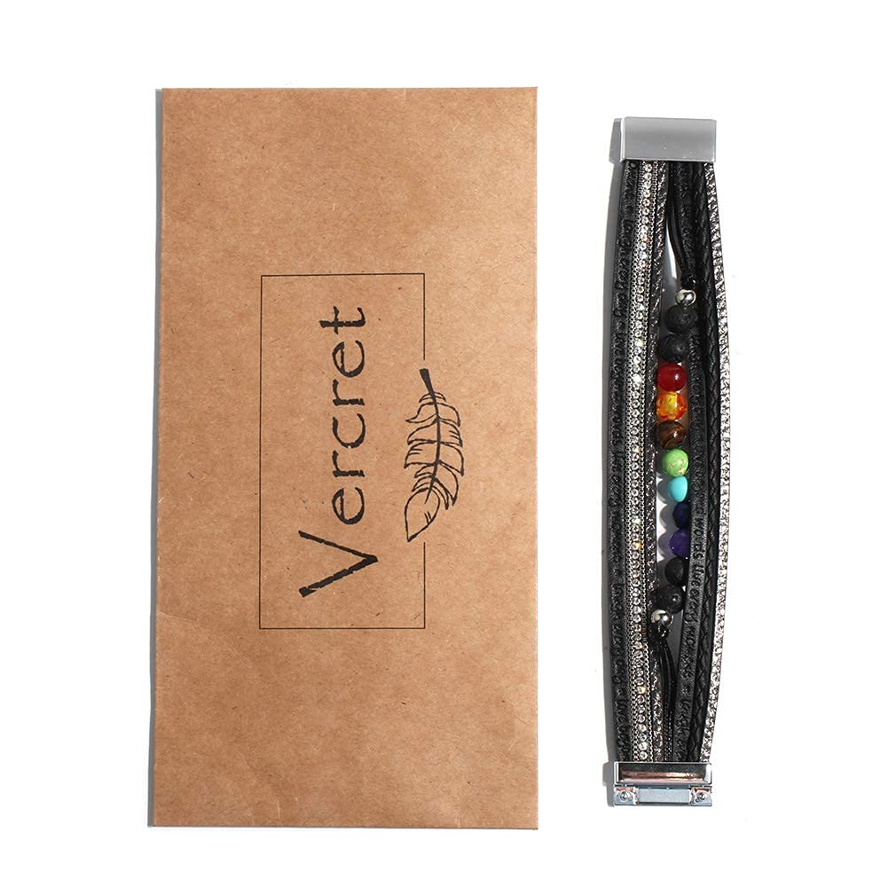 Vercret Leather Wrap Bracelet for Women - Lava Stone Chakra Multi-Layer Bracelets Magnetic Clasp Bangle Cuff Stacked Bracelet for lady and Mother
