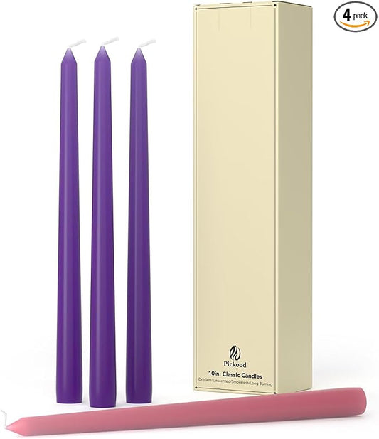 10-Inch Tall Dripless Advent Candles Set of 4, Tapered Candles, Perfect for Christmas - Smokeless, Unscented, Long Burning - Hand Poured, Colored Tall Candlesticks - Pink and Purple