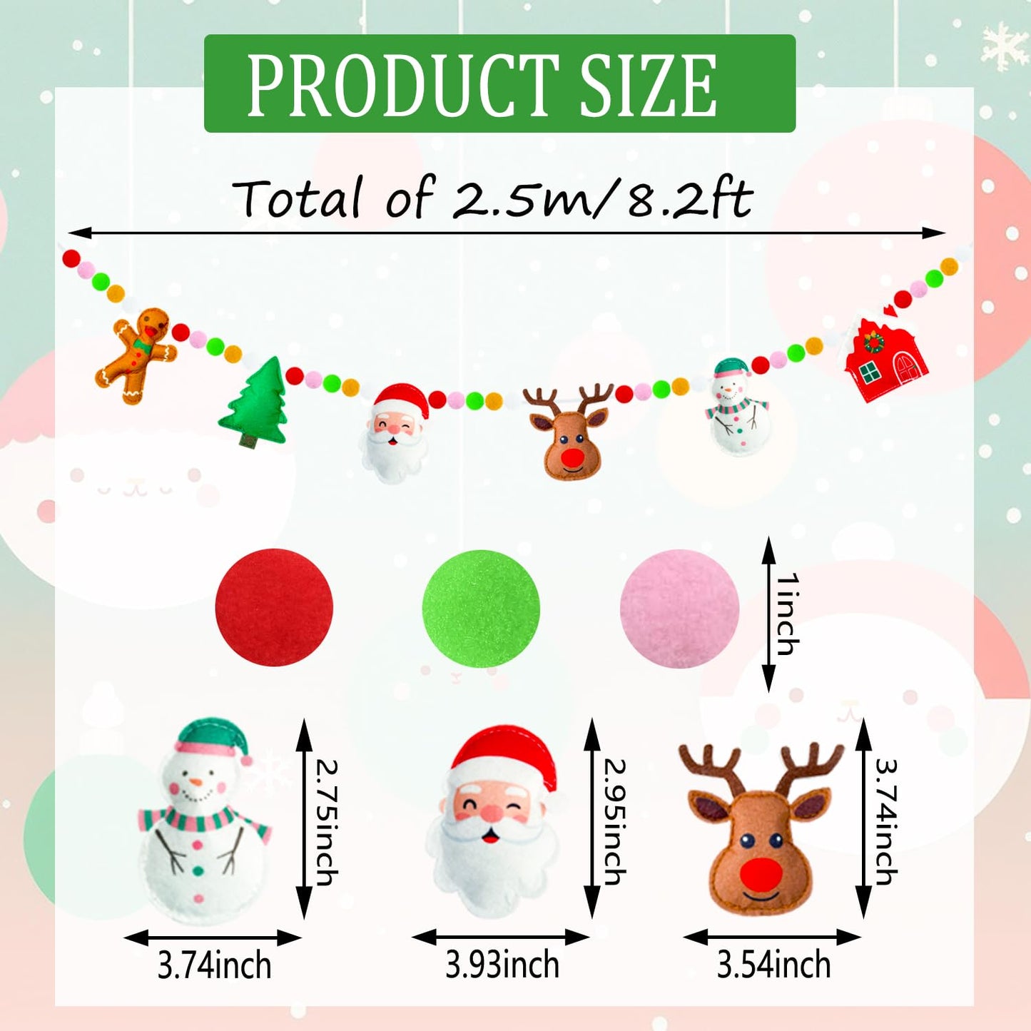 Doumeny 3D Christmas Felt Ball Garland Xmas Gingerbread Man House Garland Bunting Christmas Tree Felt Bunting Banner Santa Claus Snowman Elk Hanging Banner Winter Party Flag for Home Mantel Wall Decor